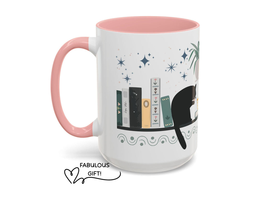 Bookish Cat Wrapped Mug for Readers, Cozy Bookshelf Design, Gift for Book Lovers
