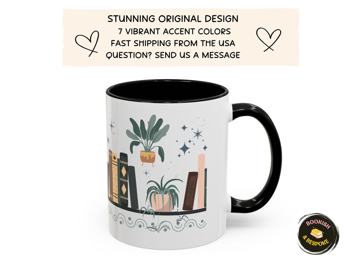 Bookish Cat Wrapped Mug for Readers, Cozy Bookshelf Design, Gift for Book Lovers