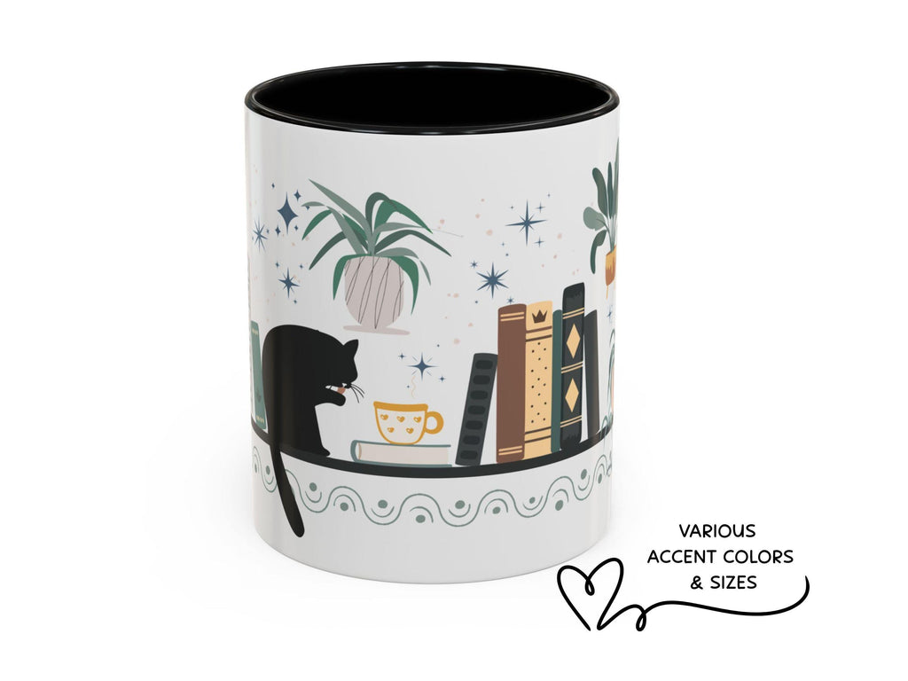 Bookish Cat Wrapped Mug for Readers, Cozy Bookshelf Design, Gift for Book Lovers
