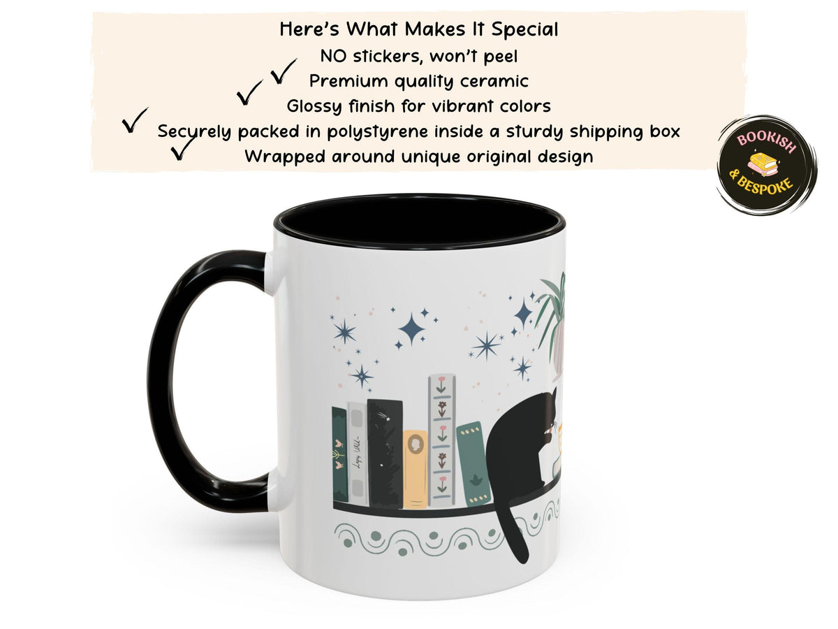 Bookish Cat Wrapped Mug for Readers, Cozy Bookshelf Design, Gift for Book Lovers