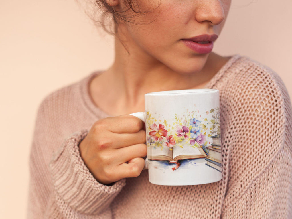 Floral Books Ceramic Mug, Book Lover Gift
