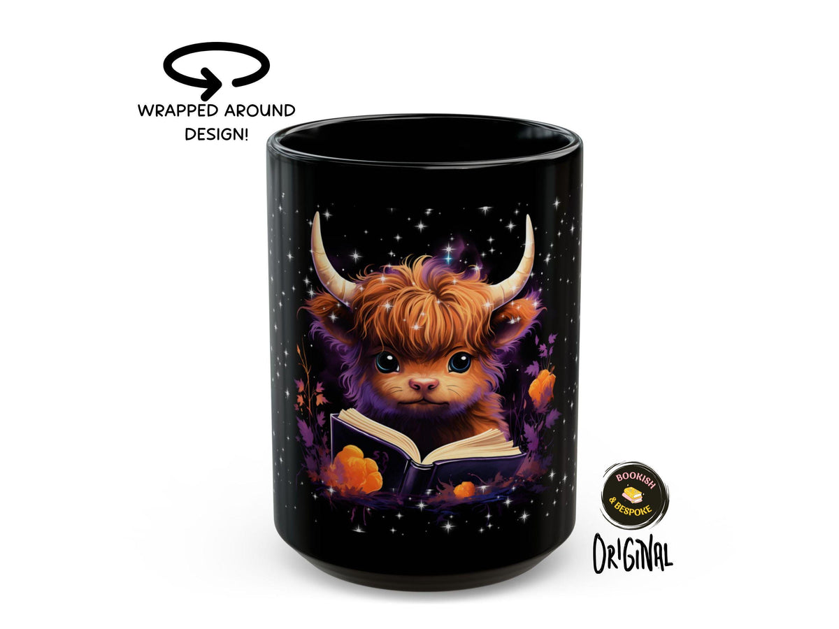 Highland Cow Reading Book Mug, Cozy Fantasy Reader Gift