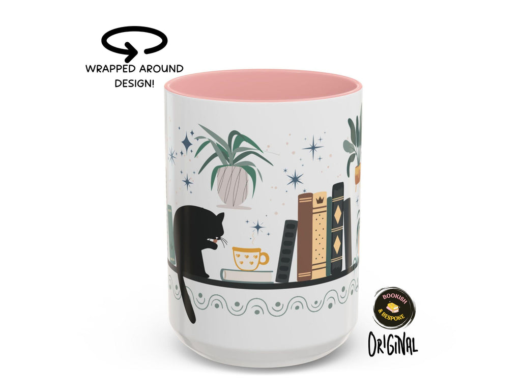 Bookish Cat Wrapped Mug for Readers, Cozy Bookshelf Design, Gift for Book Lovers