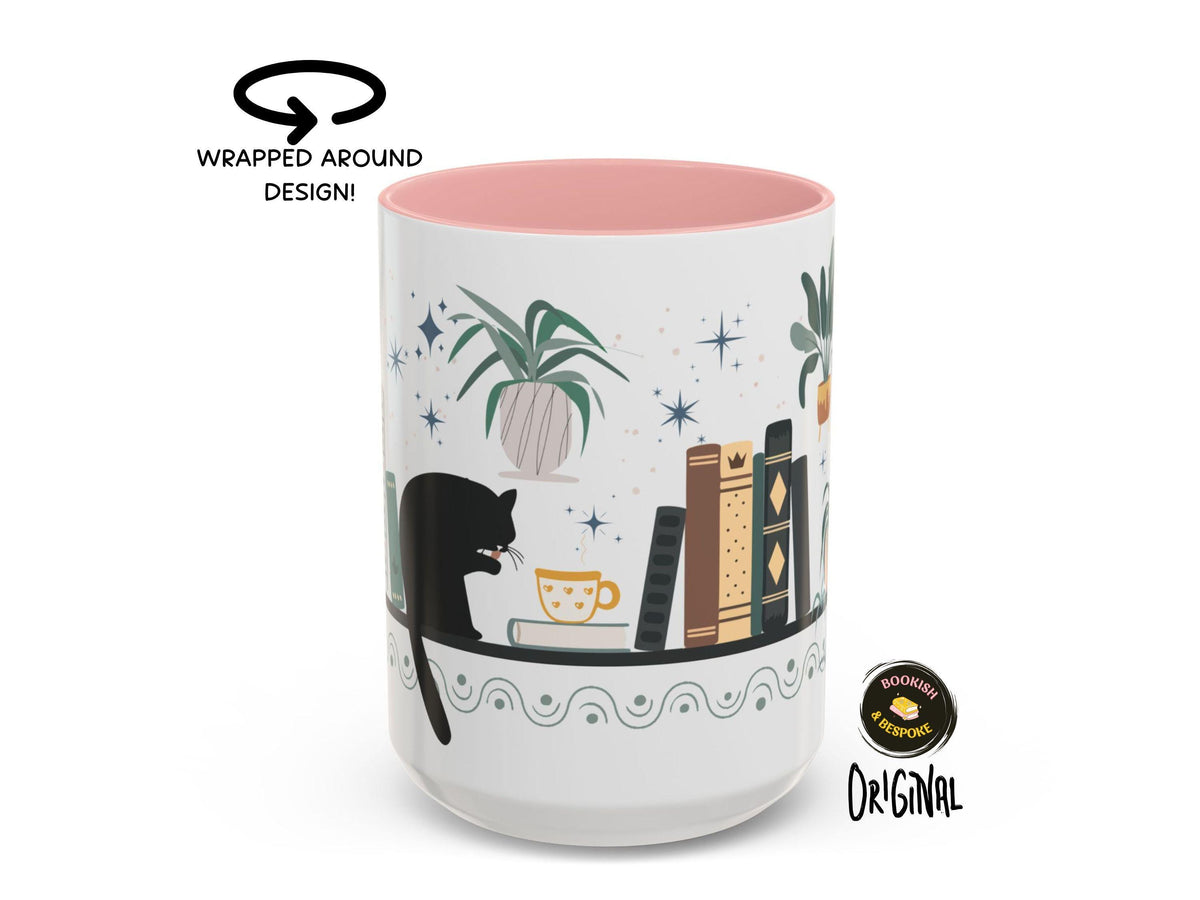 Bookish Cat Wrapped Mug for Readers, Cozy Bookshelf Design, Gift for Book Lovers