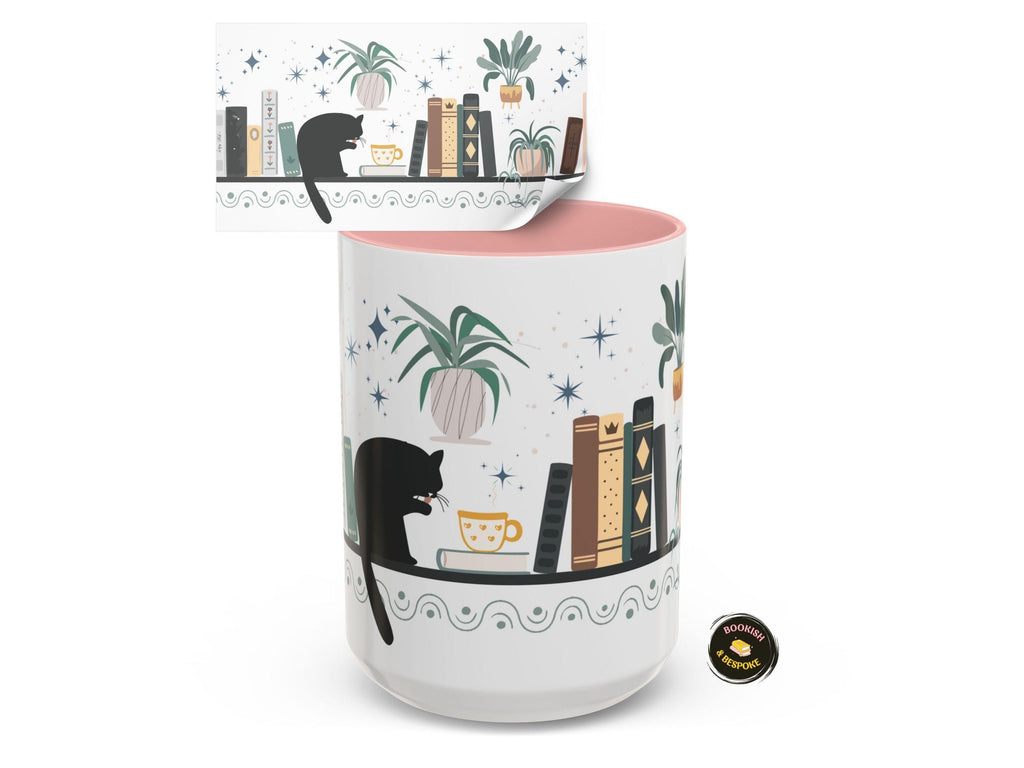 Bookish Cat Wrapped Mug for Readers, Cozy Bookshelf Design, Gift for Book Lovers