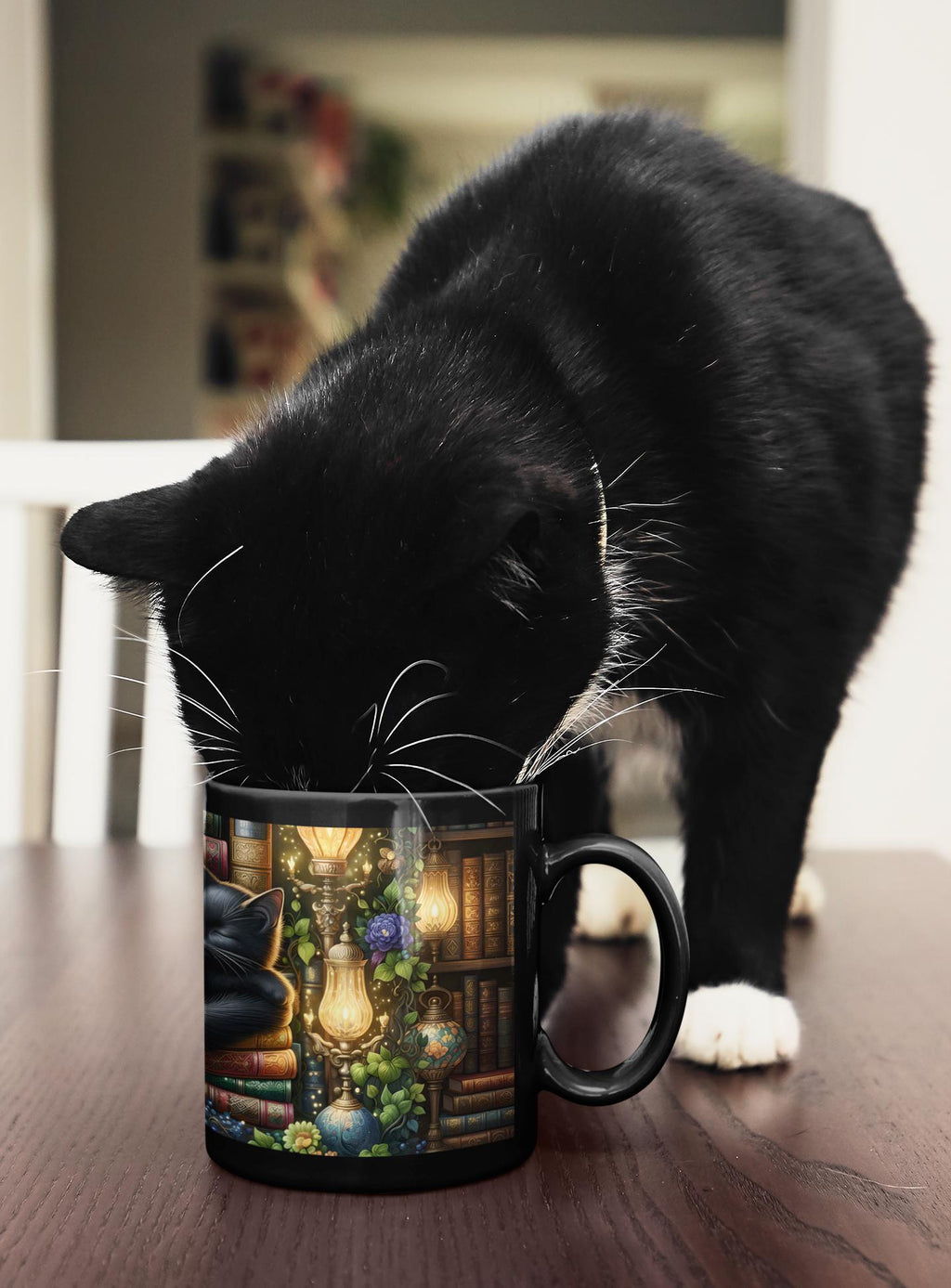 Black Cat Sleeping on Books Mug, Cozy Library Art, Dark Academia Drinkware
