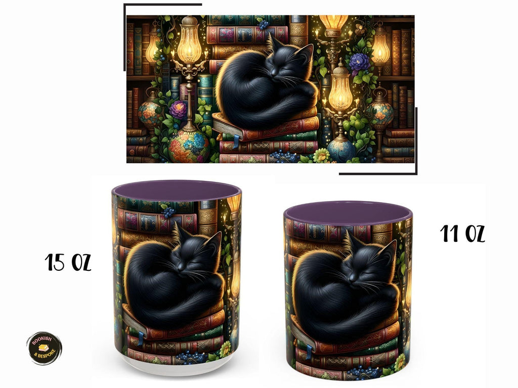 Black Cat Sleeping on Books Mug, Cozy Library Art, Dark Academia Drinkware