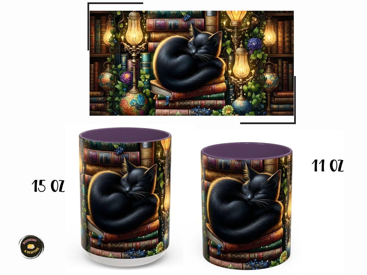 Black Cat Sleeping on Books Mug, Cozy Library Art, Dark Academia Drinkware
