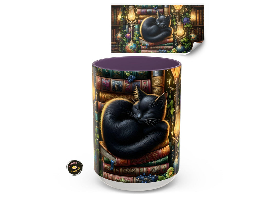 Black Cat Sleeping on Books Mug, Cozy Library Art, Dark Academia Drinkware