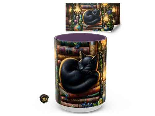 Black Cat Sleeping on Books Mug, Cozy Library Art, Dark Academia Drinkware