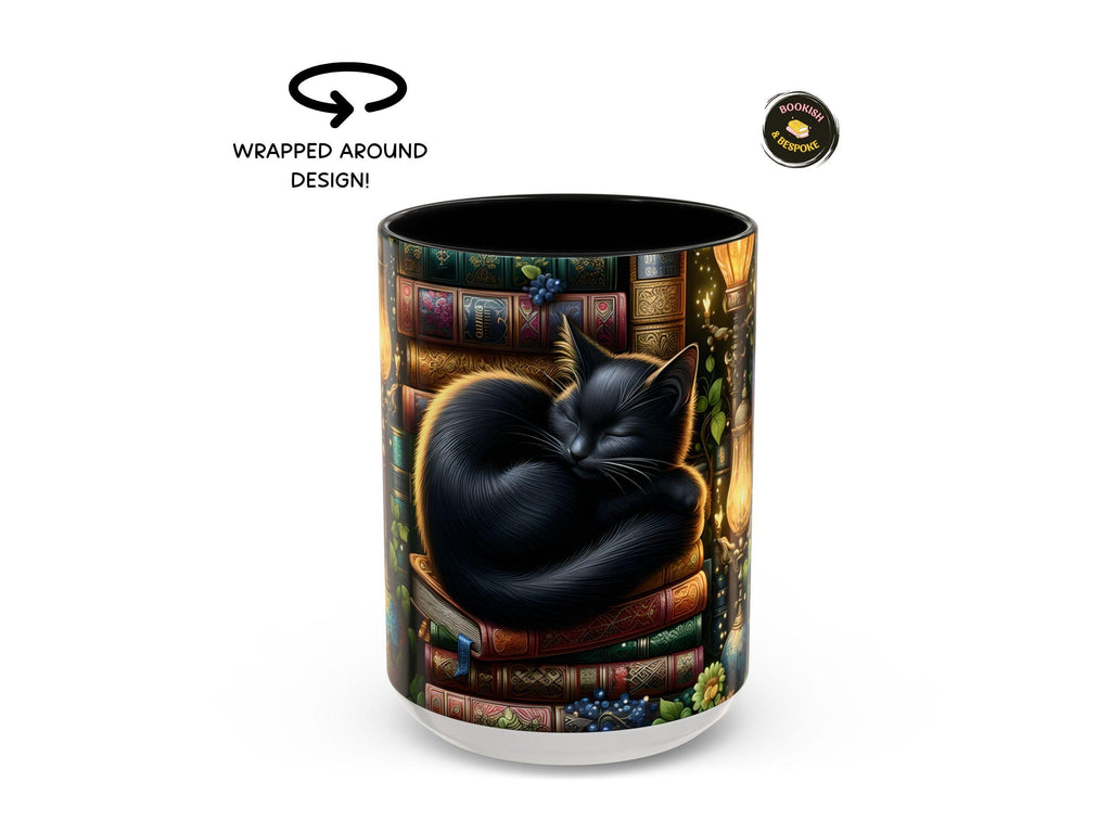 Black Cat Sleeping on Books Mug, Cozy Library Art, Dark Academia Drinkware