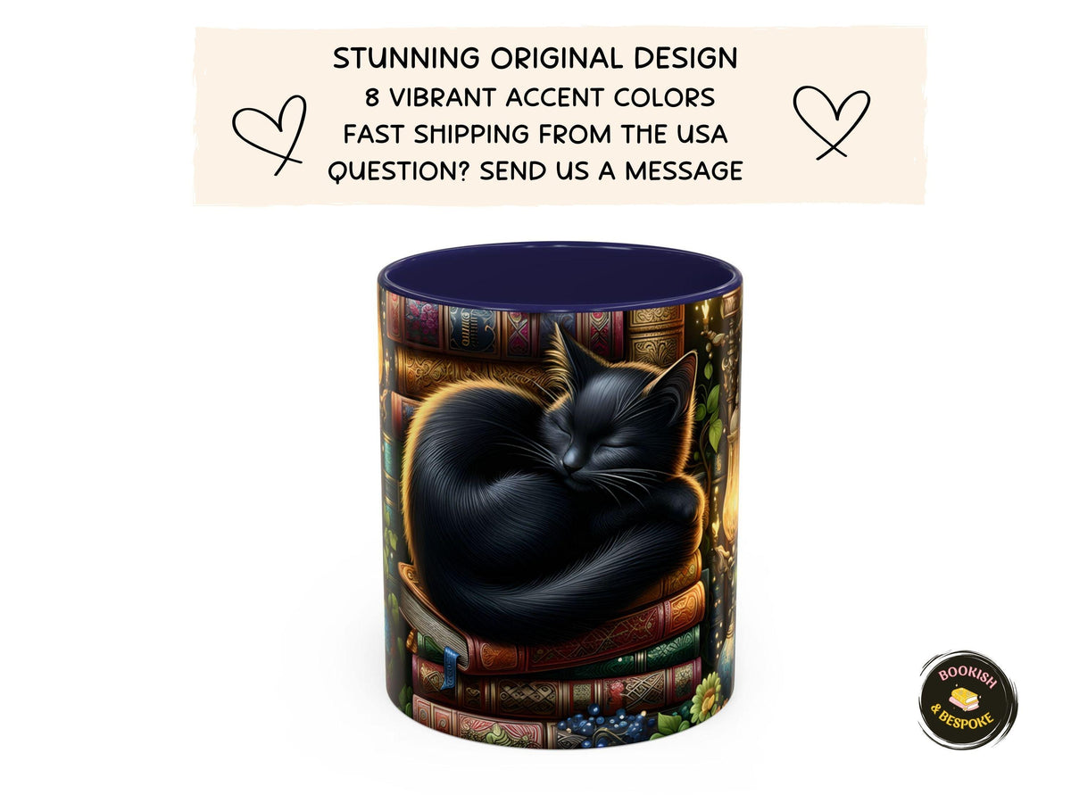 Black Cat Sleeping on Books Mug, Cozy Library Art, Dark Academia Drinkware