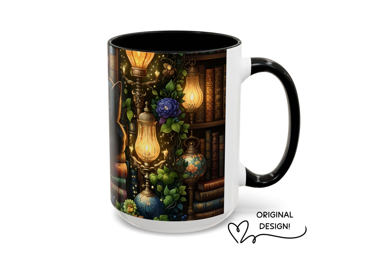 Black Cat Sleeping on Books Mug, Cozy Library Art, Dark Academia Drinkware