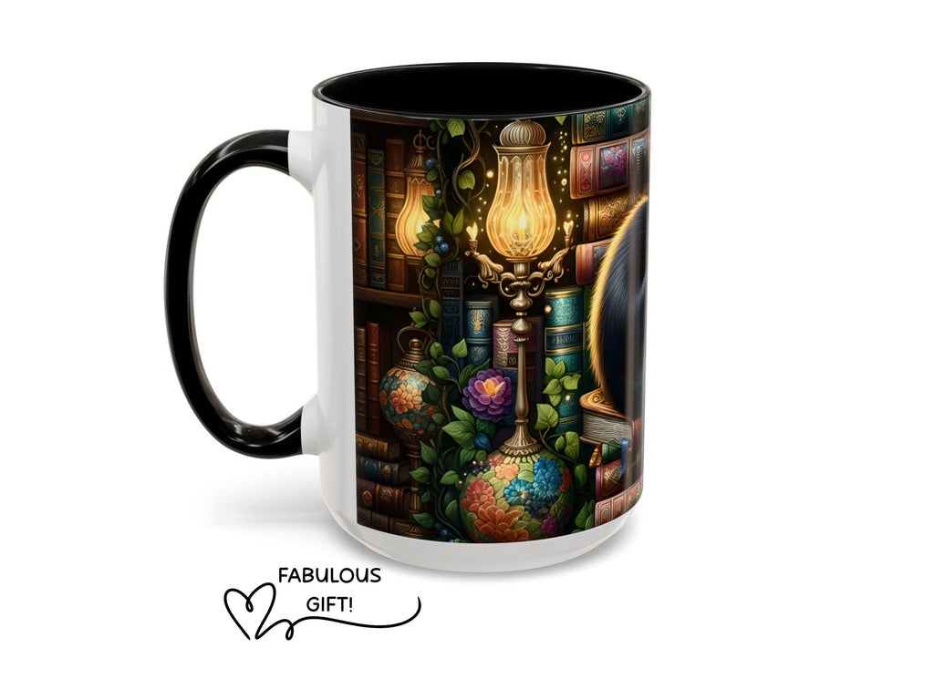 Black Cat Sleeping on Books Mug, Cozy Library Art, Dark Academia Drinkware
