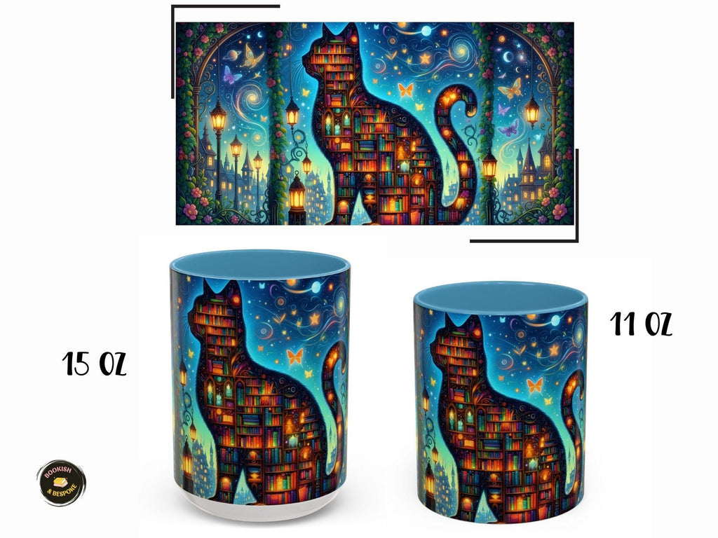 Magical Bookshelf Cat Mug, Enchanted Library Fantasy Reader Gift