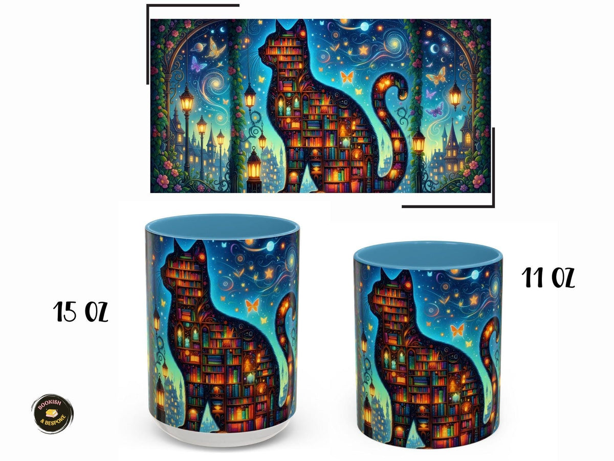 Magical Bookshelf Cat Mug, Enchanted Library Fantasy Reader Gift