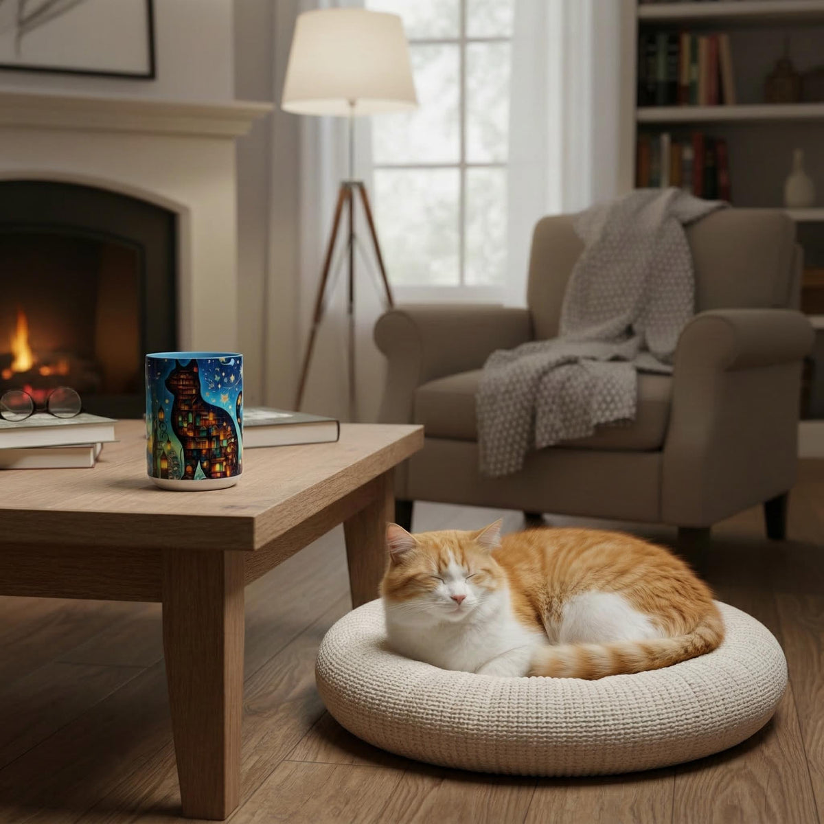 Magical Bookshelf Cat Mug, Enchanted Library Fantasy Reader Gift