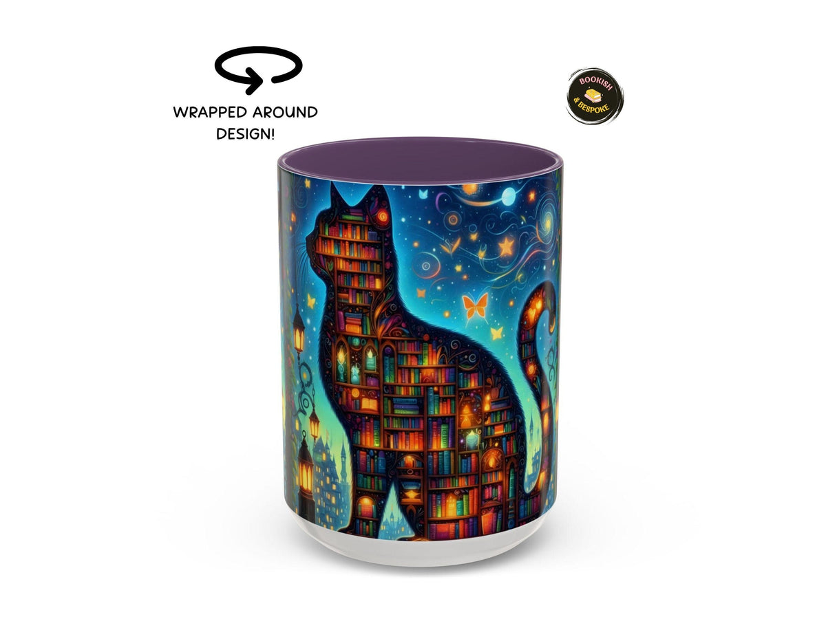 Magical Bookshelf Cat Mug, Enchanted Library Fantasy Reader Gift