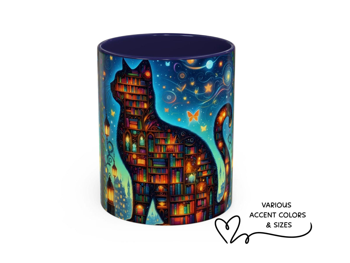 Magical Bookshelf Cat Mug, Enchanted Library Fantasy Reader Gift
