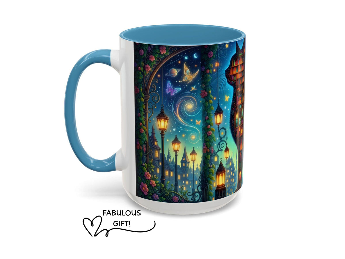 Magical Bookshelf Cat Mug, Enchanted Library Fantasy Reader Gift