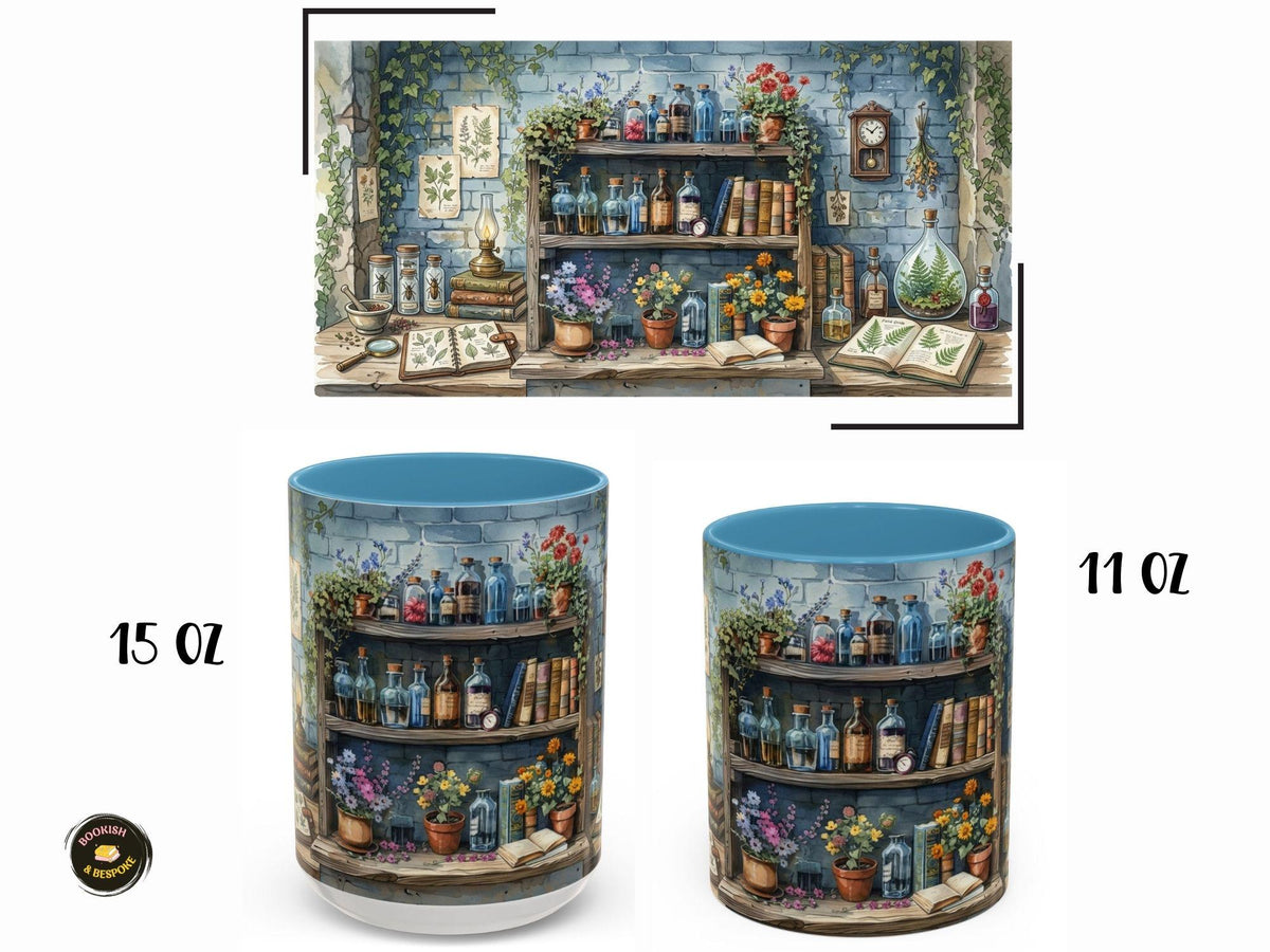 Vintage Apothecary Bookshelf Mug, Botanical Library Ceramic Cup, Cozy Reader Gift