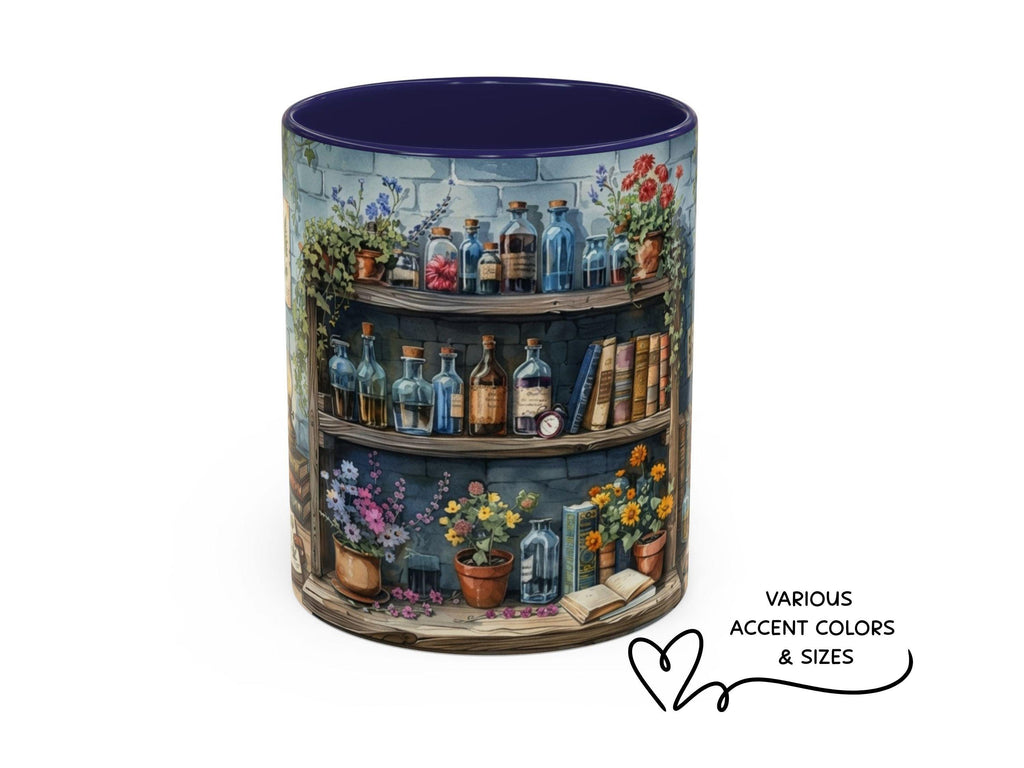 Vintage Apothecary Bookshelf Mug, Botanical Library Ceramic Cup, Cozy Reader Gift