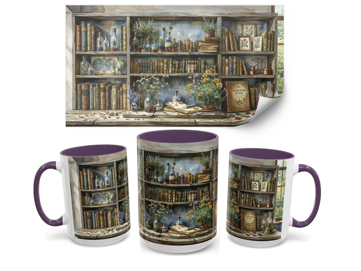 Apothecary Bookshelf Mug, Botanical Library, Cozy Reader, Cottagecore Book Lover