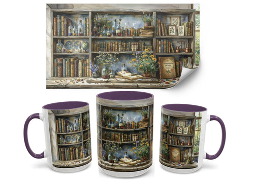 Apothecary Bookshelf Mug, Botanical Library, Cozy Reader, Cottagecore Book Lover