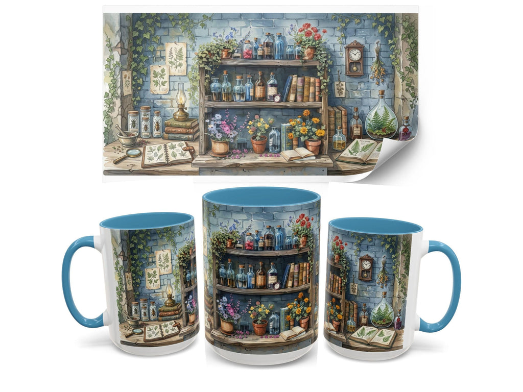 Vintage Apothecary Bookshelf Mug, Botanical Library Ceramic Cup, Cozy Reader Gift