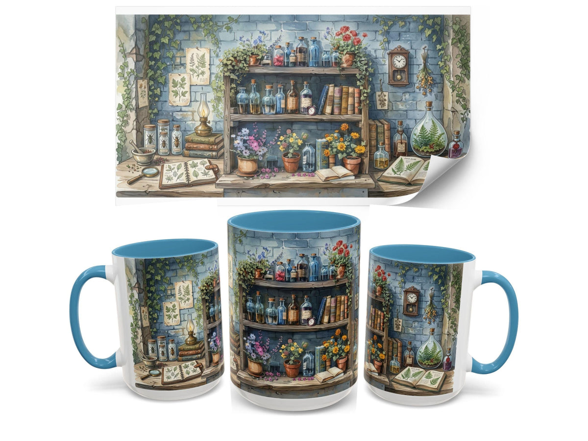 Vintage Apothecary Bookshelf Mug, Botanical Library Ceramic Cup, Cozy Reader Gift