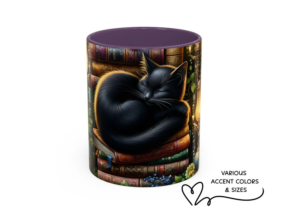 Black Cat Sleeping on Books Mug, Cozy Library Art, Dark Academia Drinkware