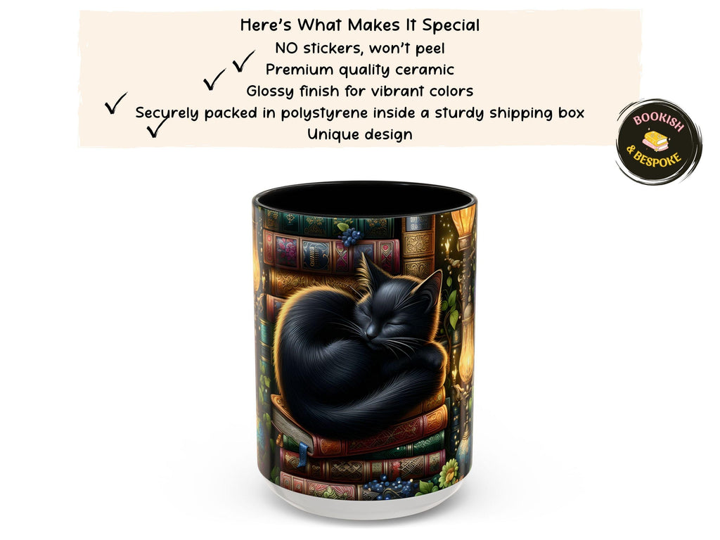 Black Cat Sleeping on Books Mug, Cozy Library Art, Dark Academia Drinkware