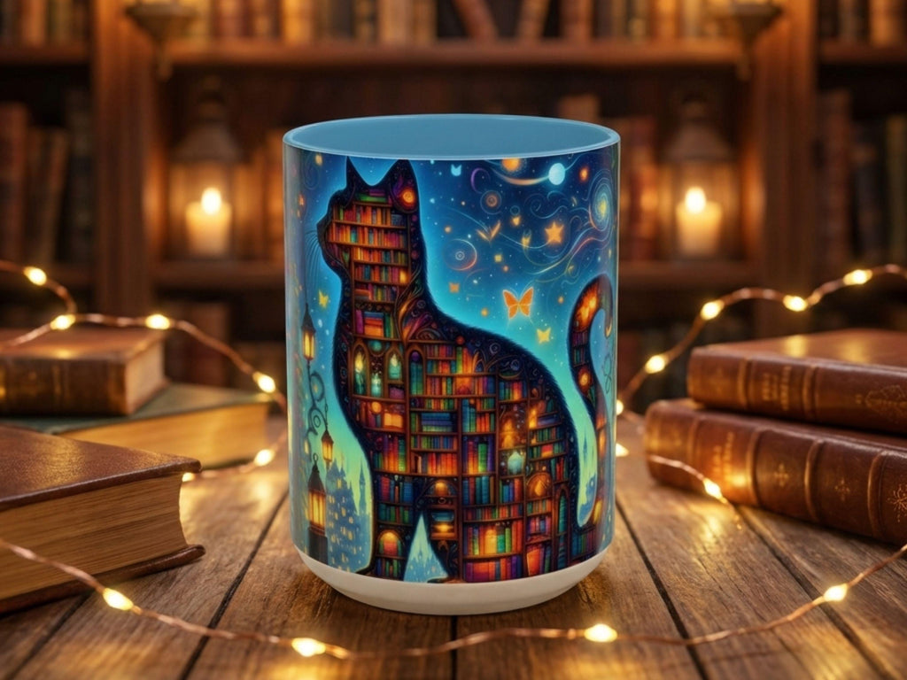 Magical Bookshelf Cat Mug, Enchanted Library Fantasy Reader Gift