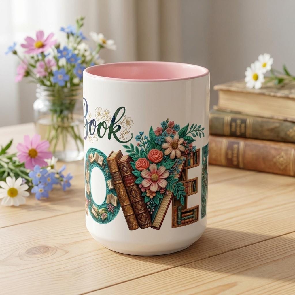 Boho Floral Book Lover Mug, Artistic Reader Gift for Women