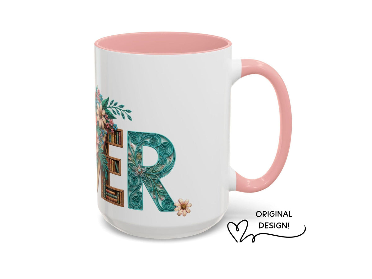Boho Floral Book Lover Mug, Artistic Reader Gift for Women