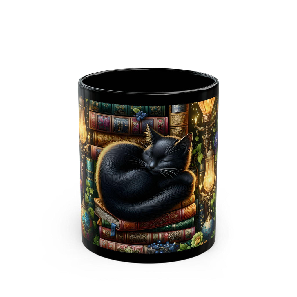Black Cat Sleeping on Books Mug, Cozy Library Art, Dark Academia Drinkware