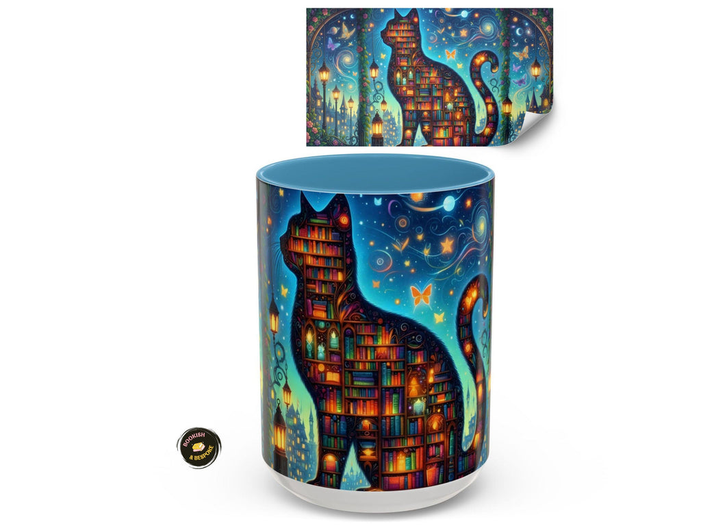 Magical Bookshelf Cat Mug, Enchanted Library Fantasy Reader Gift