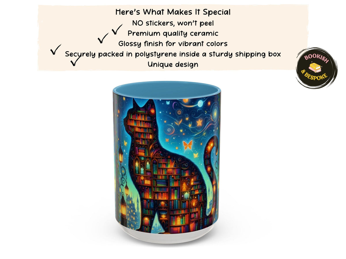 Magical Bookshelf Cat Mug, Enchanted Library Fantasy Reader Gift