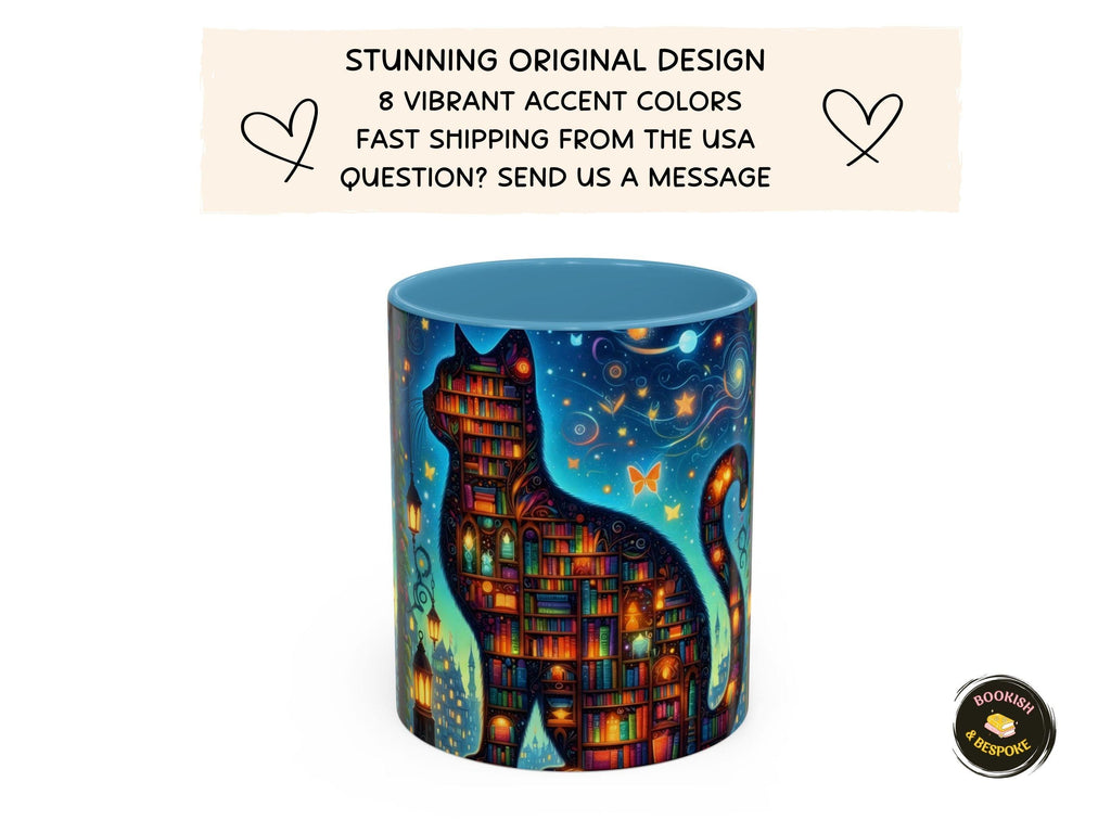 Magical Bookshelf Cat Mug, Enchanted Library Fantasy Reader Gift