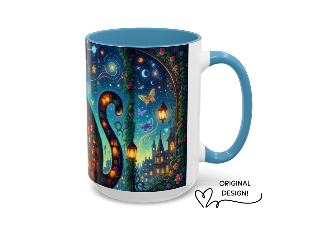 Magical Bookshelf Cat Mug, Enchanted Library Fantasy Reader Gift