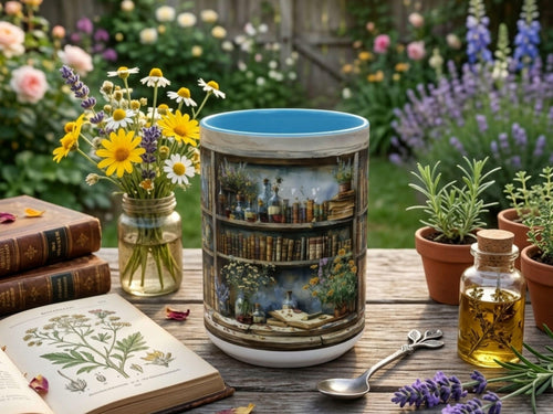 Apothecary Bookshelf Mug, Botanical Library, Cozy Reader, Cottagecore Book Lover
