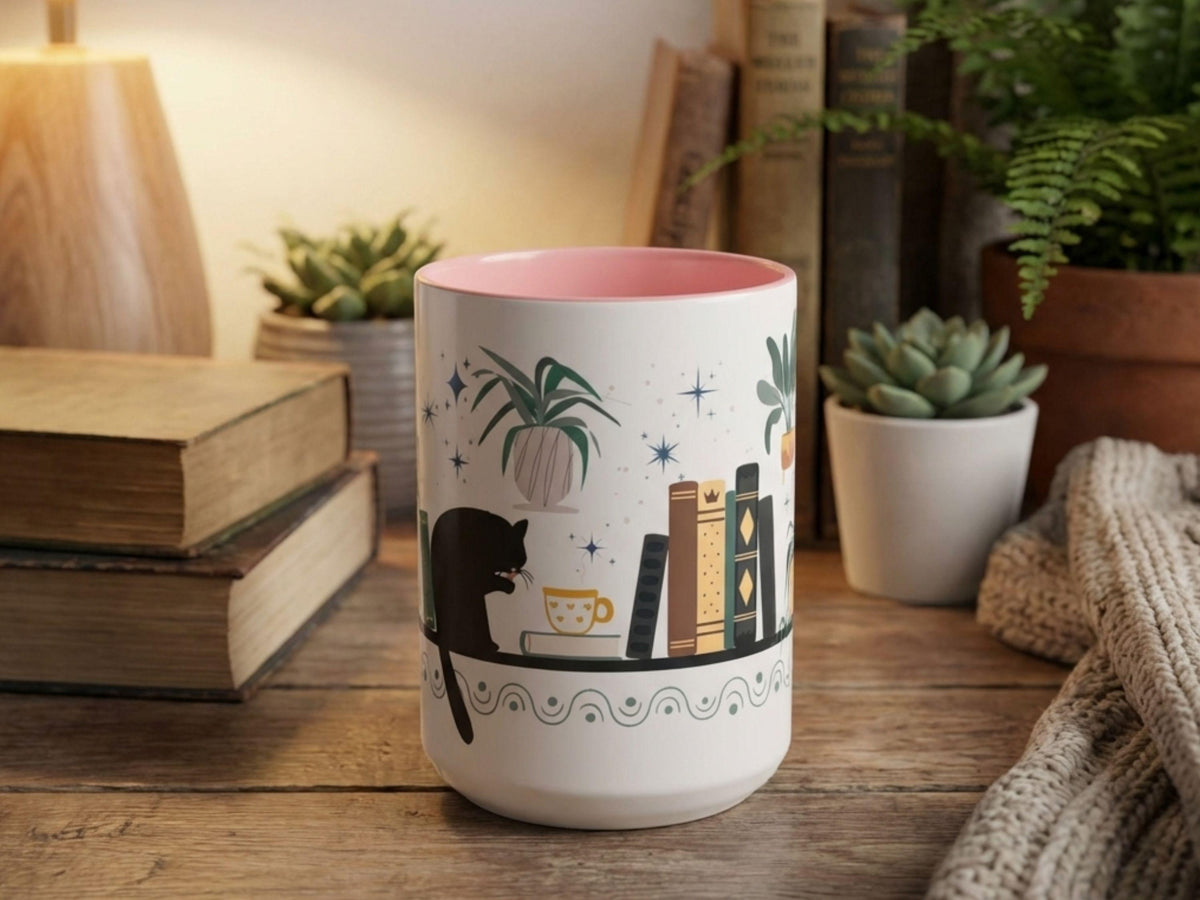 Bookish Cat Wrapped Mug for Readers, Cozy Bookshelf Design, Gift for Book Lovers