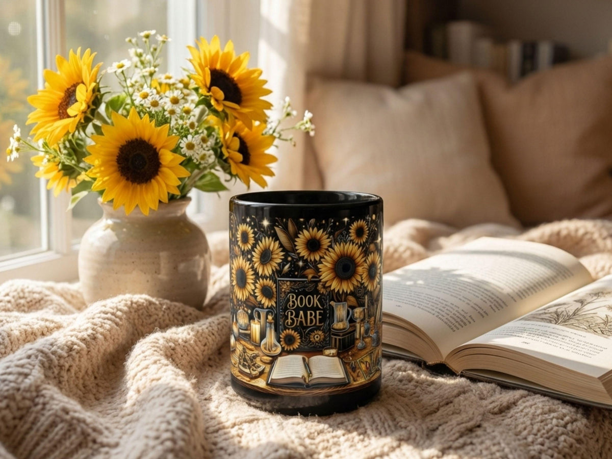 Book Babe Sunflower Mug, Dark Academia Gift, Book Lover Coffee Cup