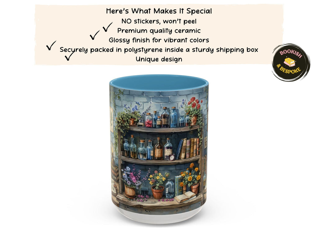 Vintage Apothecary Bookshelf Mug, Botanical Library Ceramic Cup, Cozy Reader Gift