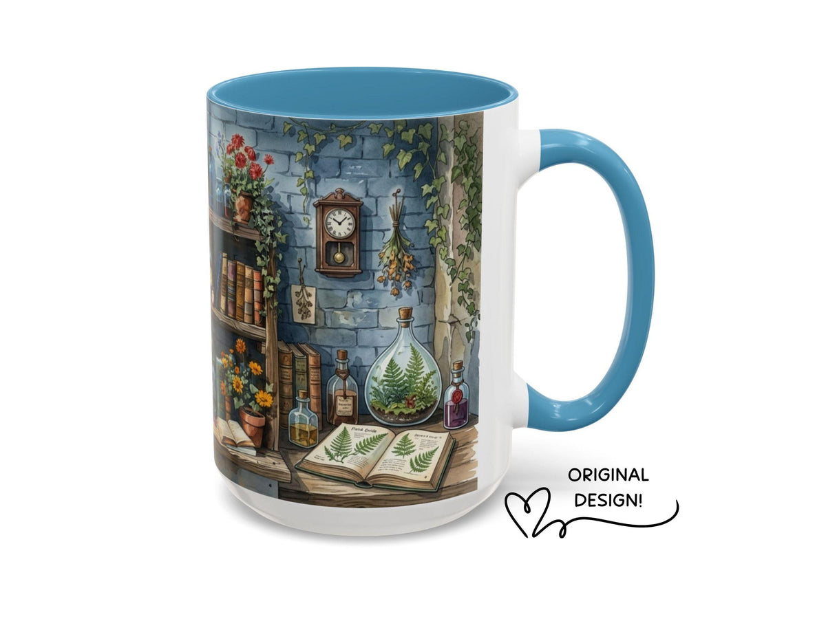Vintage Apothecary Bookshelf Mug, Botanical Library Ceramic Cup, Cozy Reader Gift