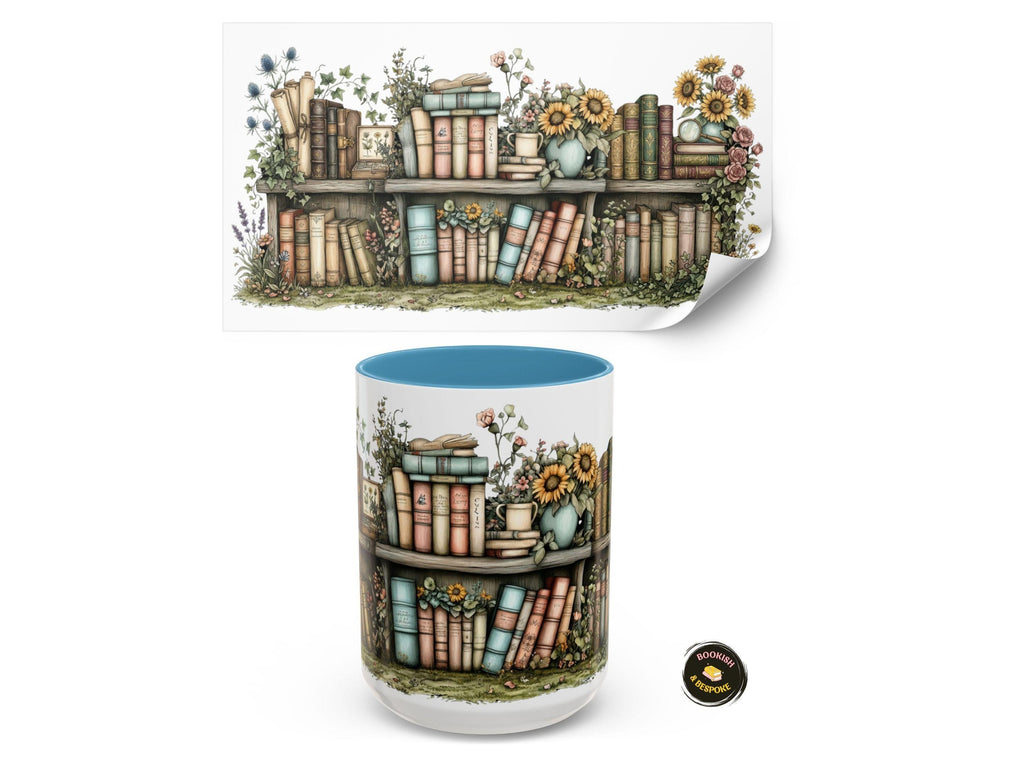 Sunflower Bookshelf Mug, Cozy Reading Gift, Literary Lover Ceramic Cup