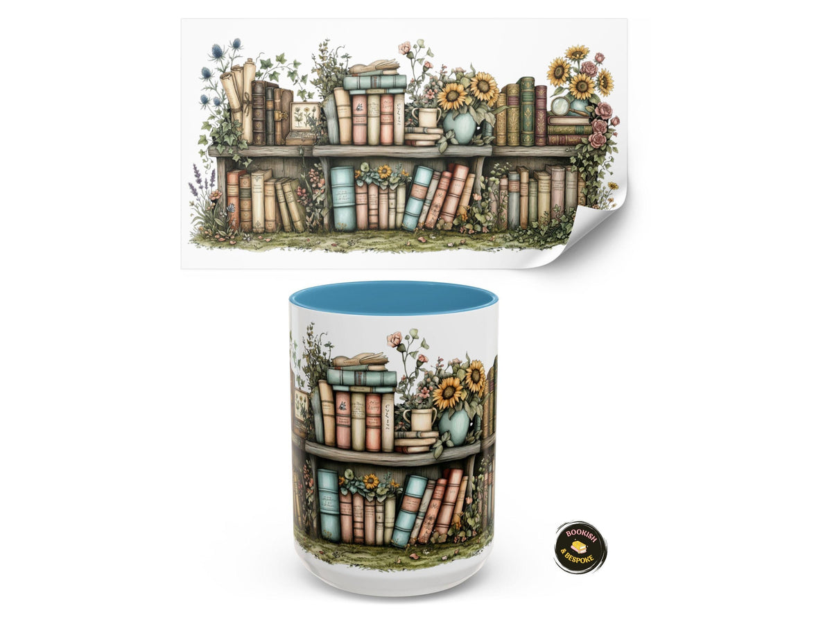 Sunflower Bookshelf Mug, Cozy Reading Gift, Literary Lover Ceramic Cup