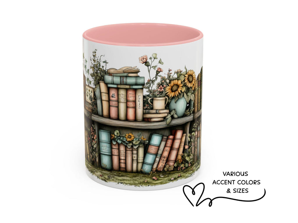 Sunflower Bookshelf Mug, Cozy Reading Gift, Literary Lover Ceramic Cup