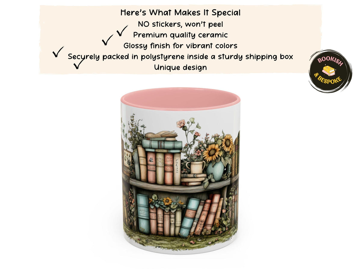 Sunflower Bookshelf Mug, Cozy Reading Gift, Literary Lover Ceramic Cup