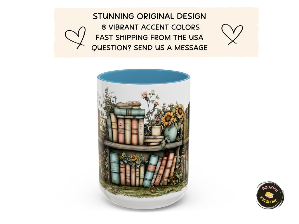 Sunflower Bookshelf Mug, Cozy Reading Gift, Literary Lover Ceramic Cup